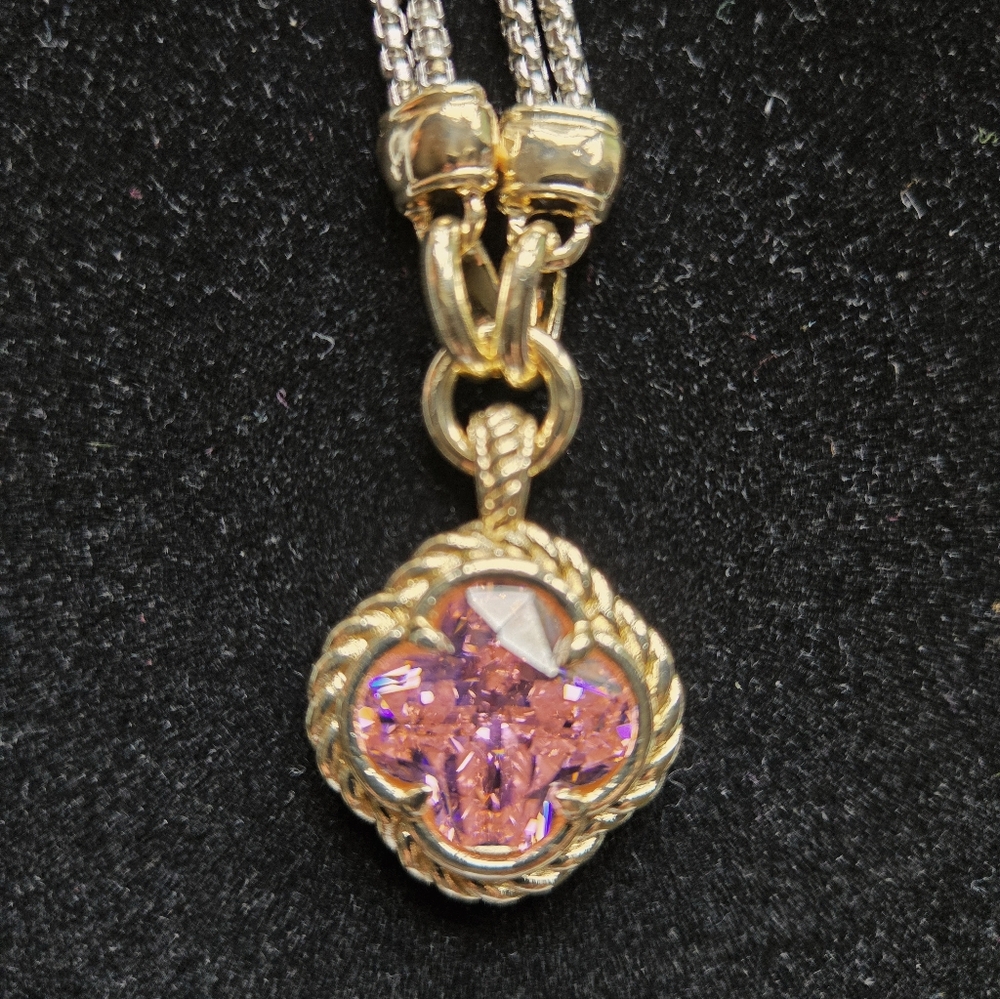 Gold With Silver/Gun Metal Chain Necklace With Pink Crystal Pendant